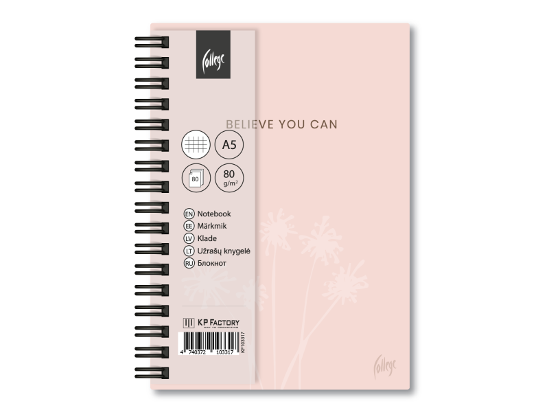 Spiraalplokk College Pink A5/80L, 5x5 ruut, kammspiraal