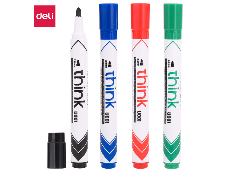 Valgetahvlimarker Deli U00101 komplekt 4 värvi, ümar ots 2mm - Pilt 2