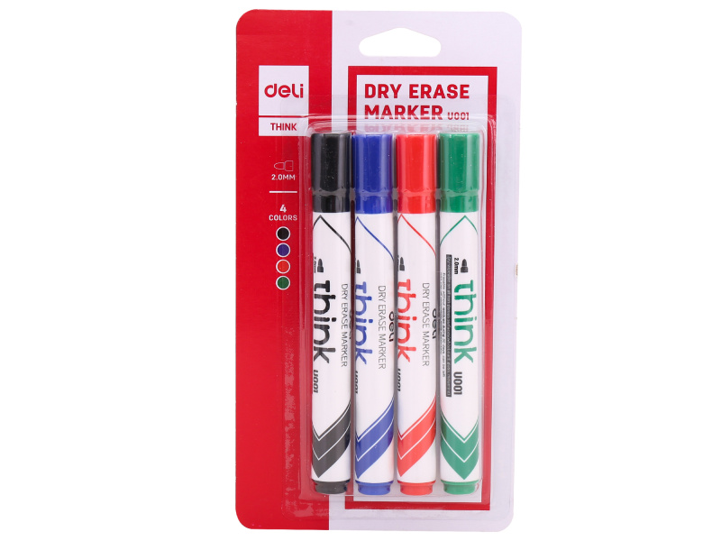 Valgetahvlimarker Deli U00101 komplekt 4 värvi, ümar ots 2mm