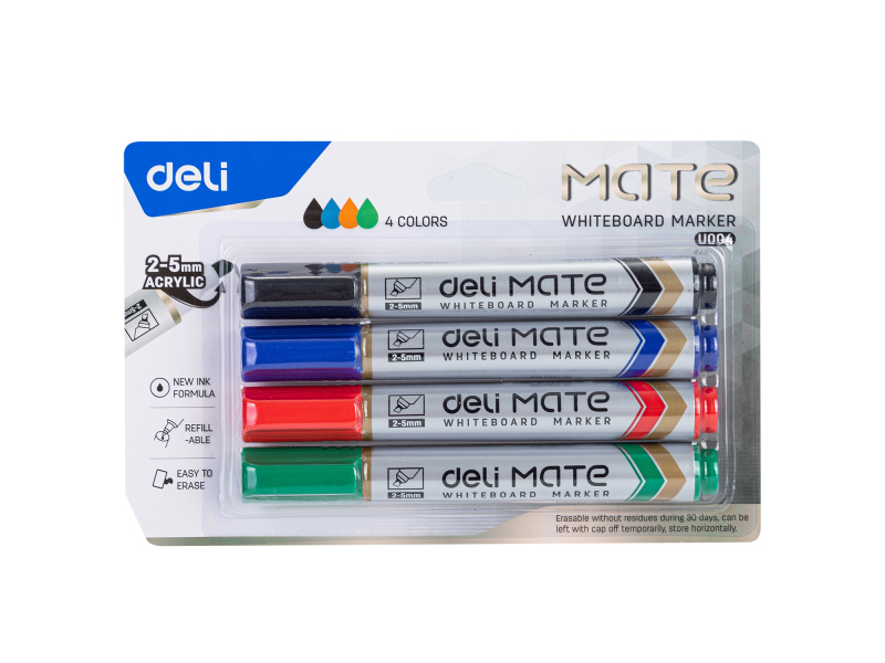 Valgetahvlimarker Deli U00403 komplekt 4 värvi, lõigatud ots 2-5mm