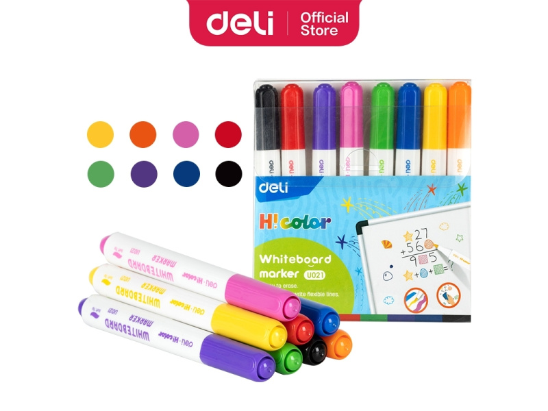 Valgetahvlimarker Deli U021 komplekt 8 värvi, pintsel ots, lastele