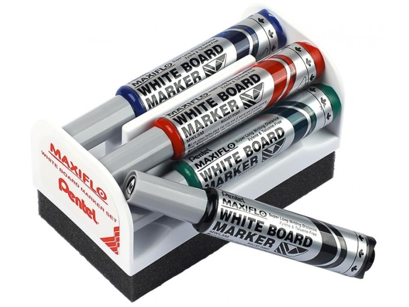 Valgetahvlimarker Pentel Maxiflo 6mm 4-värvi komplekt+puhastuskäsn