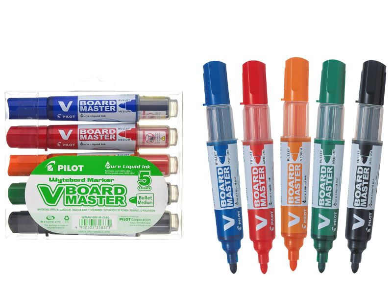 Valgetahvlimarker Pilot V Board Master komplekt 5 värvi, ümar ots