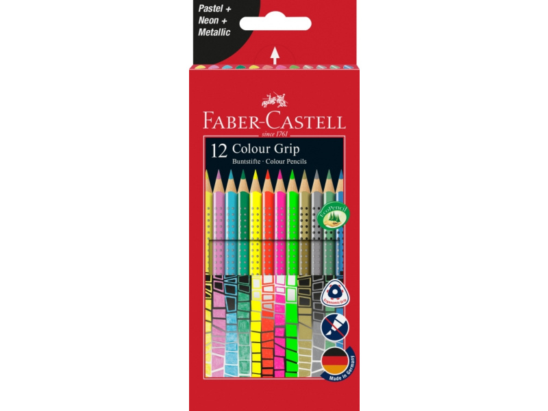Värvipliiats Faber-Castell Grip 12-värvi neon+metallik+pastelsed värvid