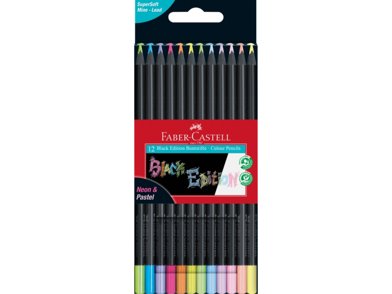 Värvipliiatsid Faber-Castell Black Edition 12-värvi pastell+neoon
