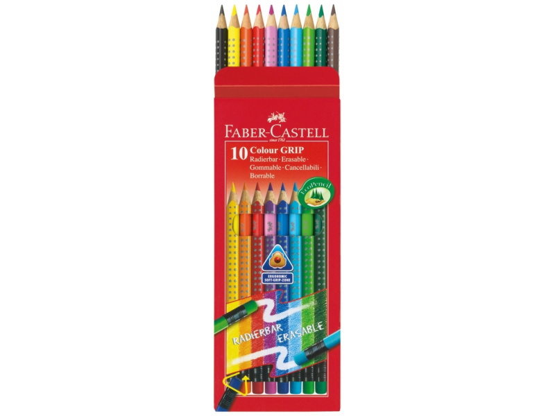 Värvipliiatsid Faber-Castell Grip 2001 10-värvi, kolmkandilised värviliste kustukummidega - Pilt 2