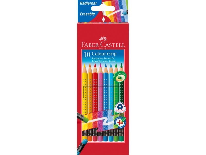 Värvipliiatsid Faber-Castell Grip 2001 10-värvi, kolmkandilised värviliste kustukummidega
