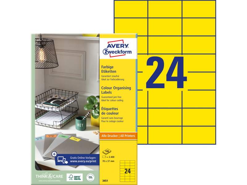 Etiketid Zweckform 3451 70x37mm A4/100L kollane