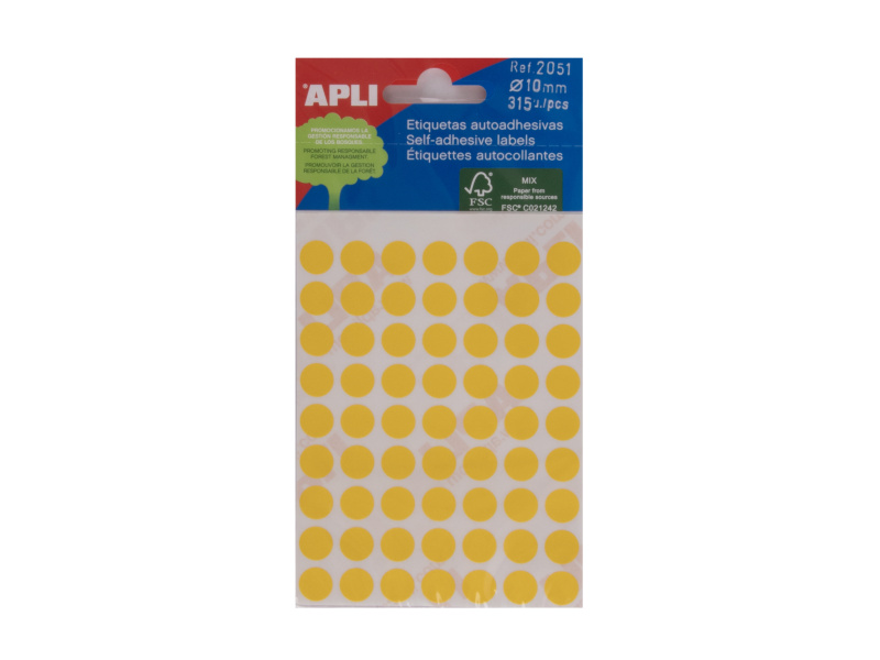 Etikett iseliimuv APLI ümar 10mm, kollane, 315tk/pk, markeerimispunkt